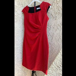 Calvin Klein Cap Sleeve Knee Length Cutout Neckline Ruched Sheath Dress in Red